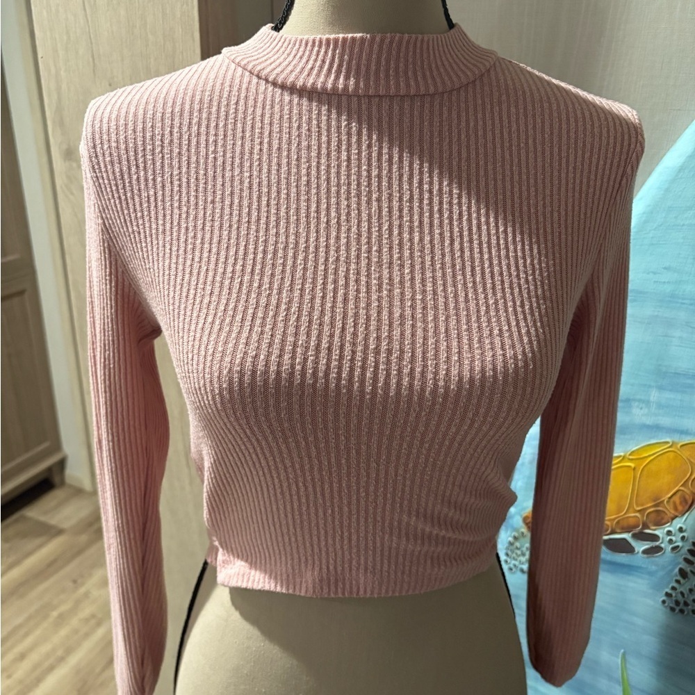 No Boundaries Pink Cowl Neck Sweater with Ribbed Texture